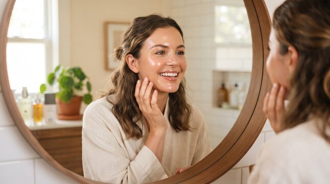 Woman applying skincare product in bathroom mirror with glowing healthy skin