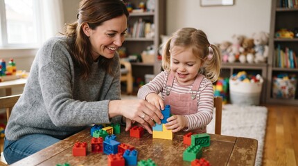 Obraz premium Mother and daughter happily playing with colorful building blocks on a wooden table in a bright room