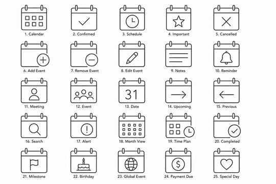 Set of simple black line calendar and date icons for business apps isolated on white background