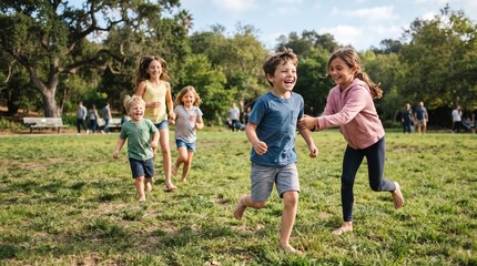 Fototapeta premium Joyful diverse children running barefoot in a sunny park during a summer day