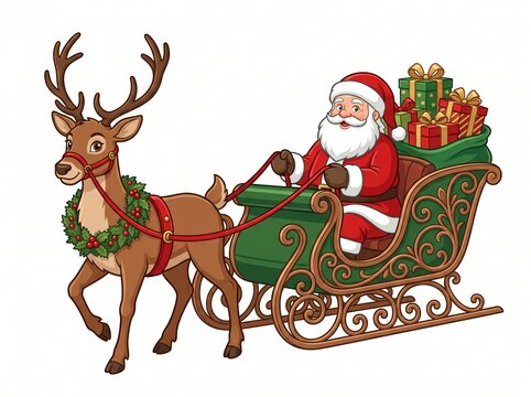 Santa Claus sitting in a green sleigh filled with gifts, pulled by a reindeer with a festive wreath and bow, isolated on a white background.