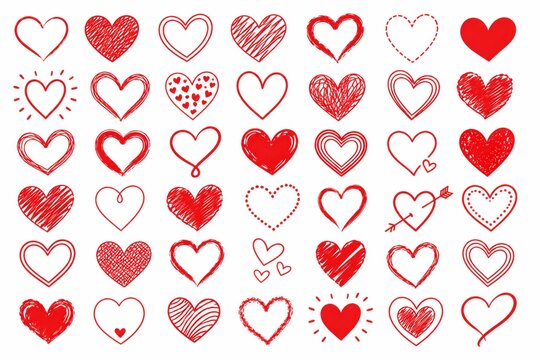Set of various red hand drawn heart shapes for romantic love design isolated on white background