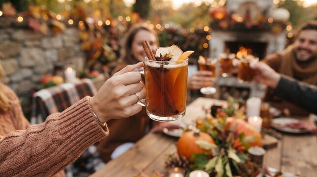 Friends toasting with warm cider at an autumn outdoor dinner party with festive decorations