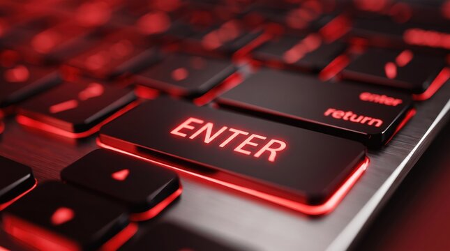 Close up of red backlit keyboard enter key glowing in dark, gaming setup, computer hardware detail, typing action, digital input device, technology, neon light effect