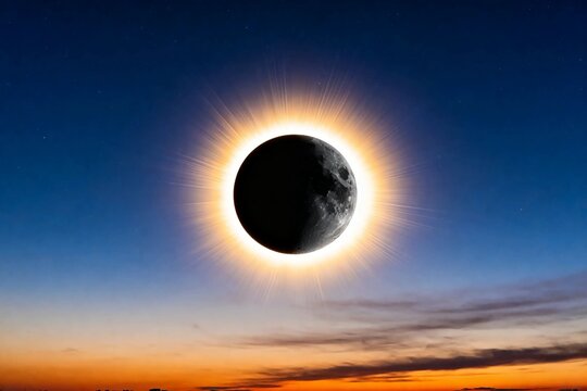 Total solar eclipse with glowing corona and sun rays in evening sky