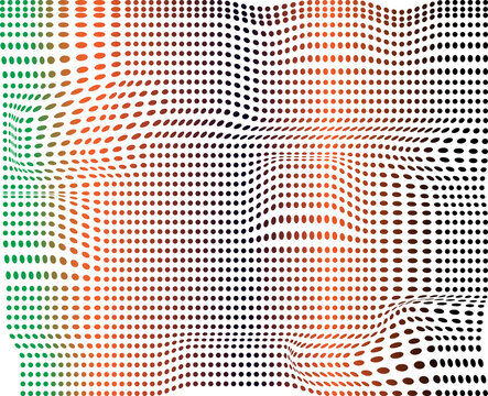 Abstract halftone dot pattern with wave distortion and gradient color shift on transparent background design.