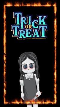 Creepy Girl Holding Knife in Flaming Frame with Trick or Treat Text