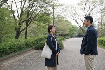 Fototapeta premium 緑の公園で距離を保って再会する日本人の男女