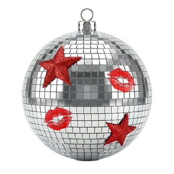 Silver Glittering Disco Ball Ornament Decorated With Vibrant Red Stars and Shiny Lip Prints for Festive Holiday Party Decorating Themes