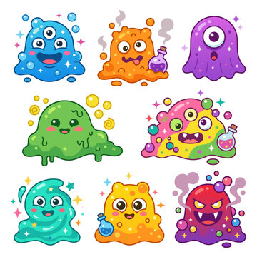 Cute magical slime blob monster character set vector illustration featuring colorful gelatinous creatures with potion bottles, bubbles, and magic sparkles isolated on white background.