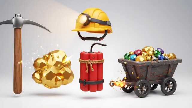 3d gold mining treasure concept helmet pickaxe dynamite cart