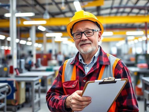 Older worker holding clipboard in clean factory workshop, blue collar, management