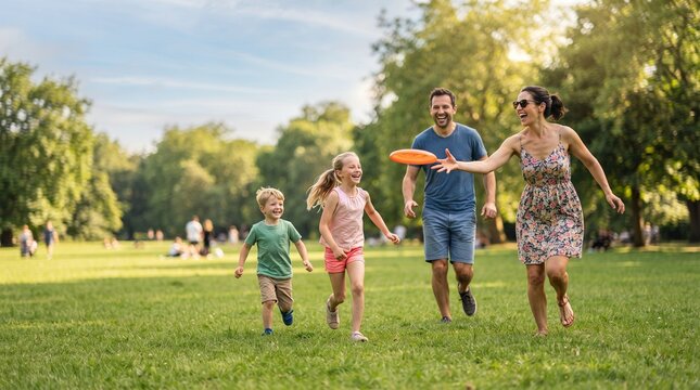 Happy family playing frisbee in a sunny park with green trees and blue sky