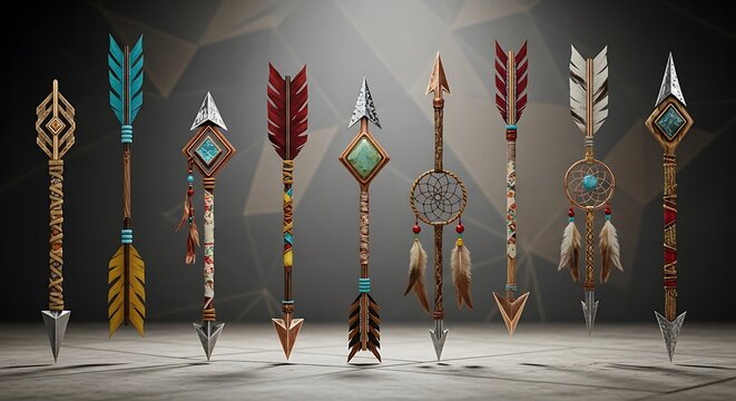 Collection of decorative tribal arrows with feathers and ornaments