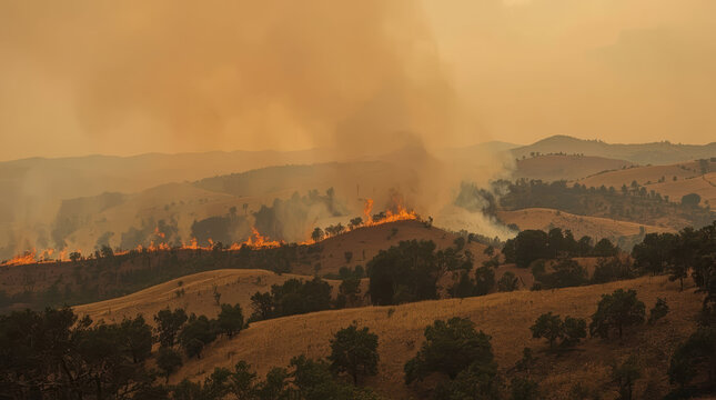 Wildfire smoke rolling hill orange flame dry grass fire line forest landscape