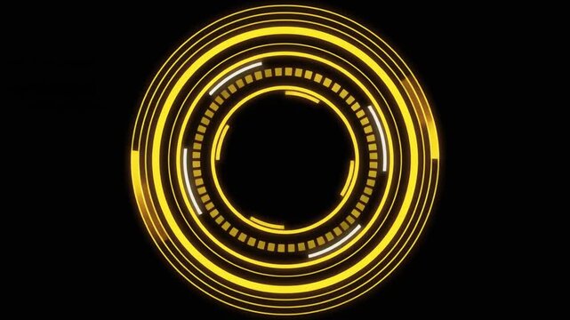A glowing golden hud circle interface rotates with digital data rings in a minimalist abstract motion graphic design against a deep black background.
