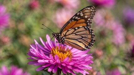 Obraz premium Monarch Butterfly Resting on a Vibrant Pink Aster Flower in a Garden