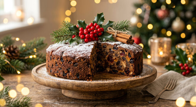 Rich Holiday Fruit Cake with Holly Garnish and Warm Bokeh Lights