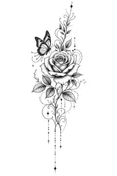 Premium Rose Butterfly Fine Line Tattoo Design | Elegant Botanical Black Ink Tattoo Flash | Vector Style Stencil | Monochrome Floral Body Art