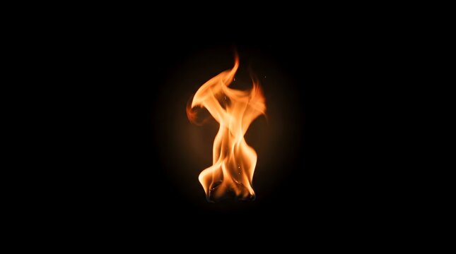 A single flame of fire dances and flickers against a dark, black background, creating an abstract and energetic visual