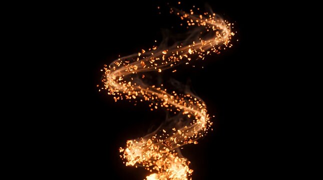 Abstract swirling glowing particles, simulating a fire trail or magical dust against a black background