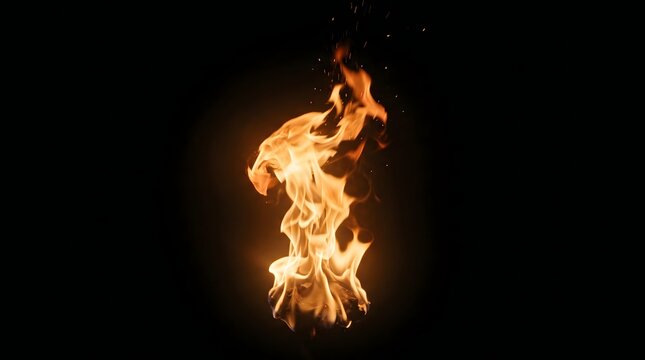 Dynamic and isolated orange and yellow flames dancing brightly against a pitch-black background, creating a dramatic and intense visual effect of heat and energy