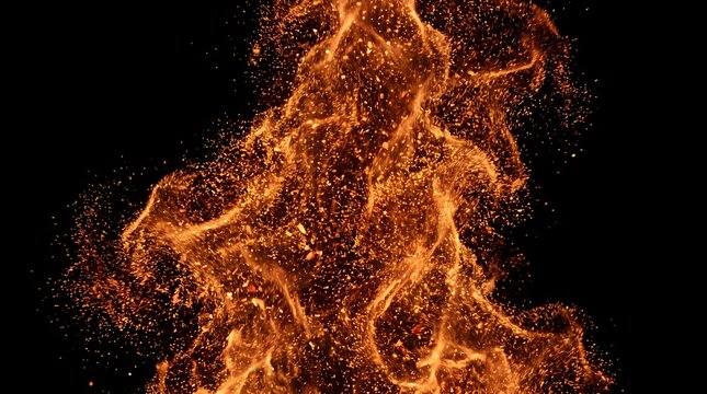 Abstract fiery orange sparks and particles erupting upwards against a stark black background, symbolizing energy and transformation