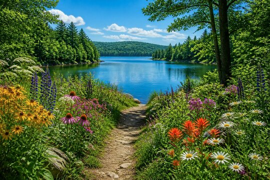 Path through wildflower meadow leading to calm forest lake