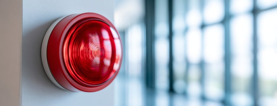Red fire alarm system installed on wall in modern office environment  