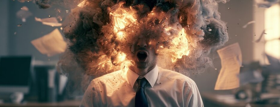 Man sitting at desk with head exploding in fire and smoke, concept of fatigue and overwork  
