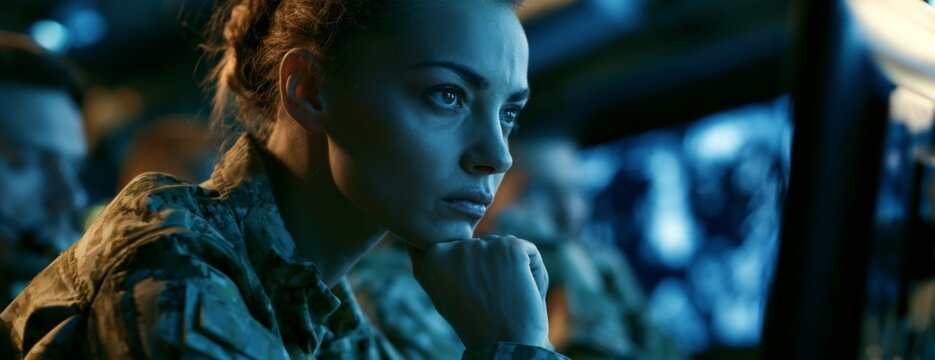 Female soldier focused on screen in military control room  