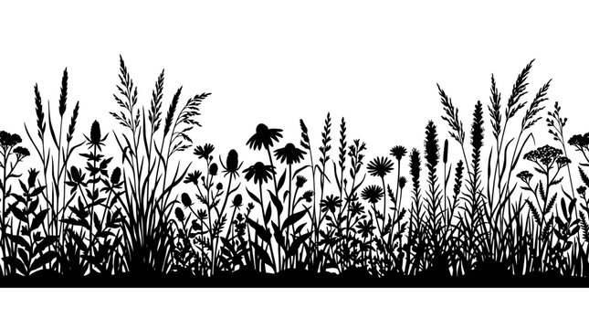 Wild nature grass and meadow flowers silhouette border set. Silhouette outline weed collection. Vector black botanical plants landscape edge isolated on White Background