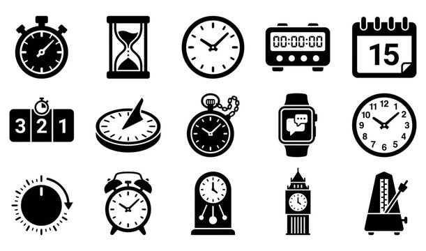 Set of black and white vector icons representing various concepts of time and clock measurement devices and tools