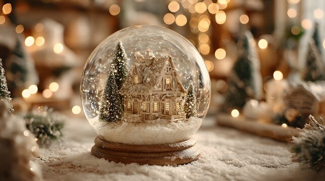 Magical glass snow globe containing a cozy illuminated miniature house surrounded by pine trees and snow.