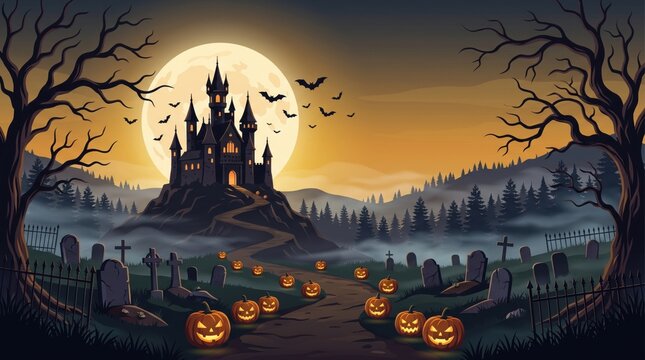 Spooky helloween castle entrance with glowing pumpkins and full moon casting eerie shadows during twilight