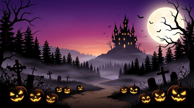 Spooky helloween castle on a misty hill with carved pumpkins and a full moon during twilight