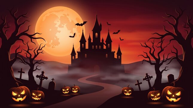 Spooky helloween castle silhouette under a giant moon with carved pumpkins and graves in a foggy landscape