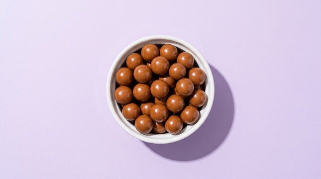 Delicious chocolate malt balls in a white ceramic bowl, a sweet snack for candy and dessert concepts. Crunchy malted milk treats, perfect for food photography and confectionery advertising.