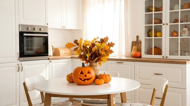 A festive autumn pumpkin centerpiece with colorful fall leaves sits on a round wooden table inside a bright and cozy modern white kitchen