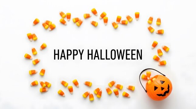 Happy halloween text greeting surrounded by a frame of colorful candy corn sweets and a small plastic jack o lantern bucket on white