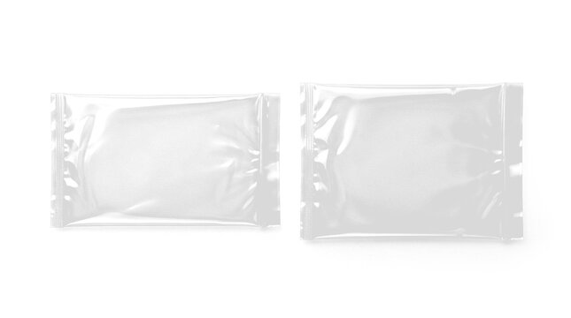 Two horizontal translucent glossy plastic flow pack mockups on a transparent background