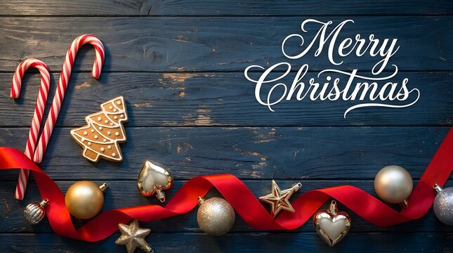 Merry christmas greeting card with candy canes gingerbread tree cookie and festive ornaments arranged on a rustic dark blue wooden background with red ribbon