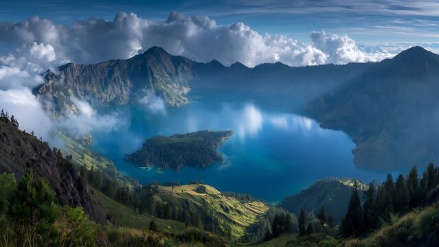 Stunning View of Mount Rinjani Crater Lake Segara Anak in Lombok Indonesia.