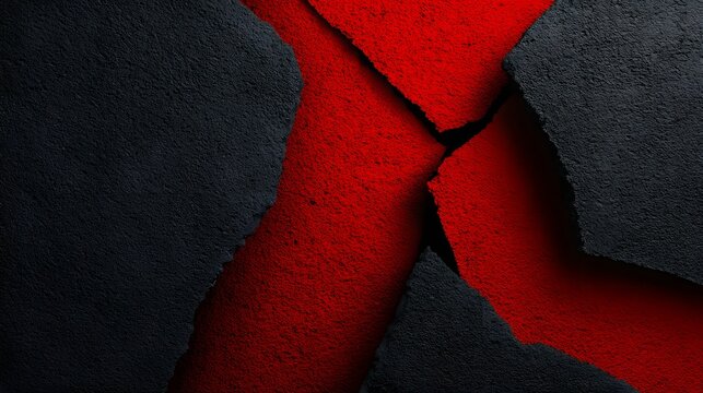Dark, fractured stones reveal a textured red background in an abstract, high-contrast composition.