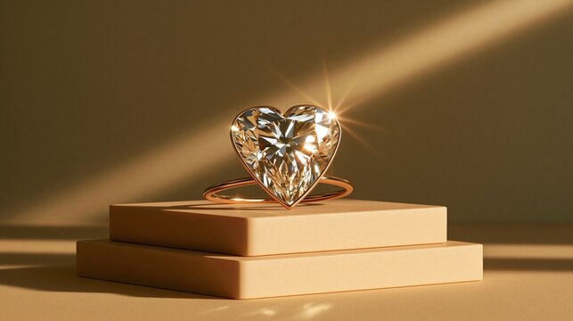 Luxury heart shaped brilliant diamond engagement ring set in rose gold placed on stacked beige display podiums against warm beige background with soft light rays