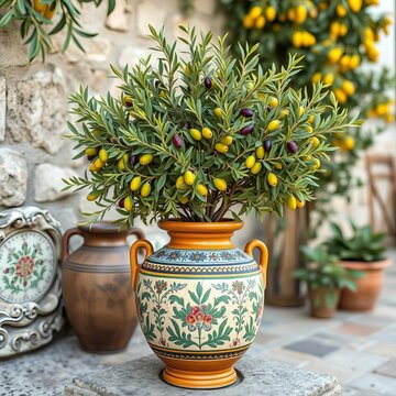 Olive trees adorned with decorative ceramic tiles on a classic amphora vase, tile design, architecture