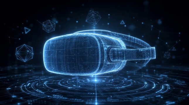 Glowing blue holographic VR headset with virtual geometric shapes