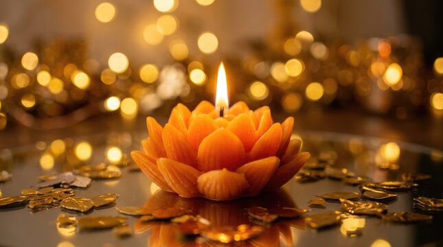 A beautiful orange lotus shaped candle glowing brightly during the traditional indian festival of lights called diwali celebration