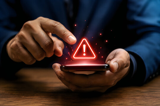 Man's hand touching smartphone displaying glowing red warning alert notification concept