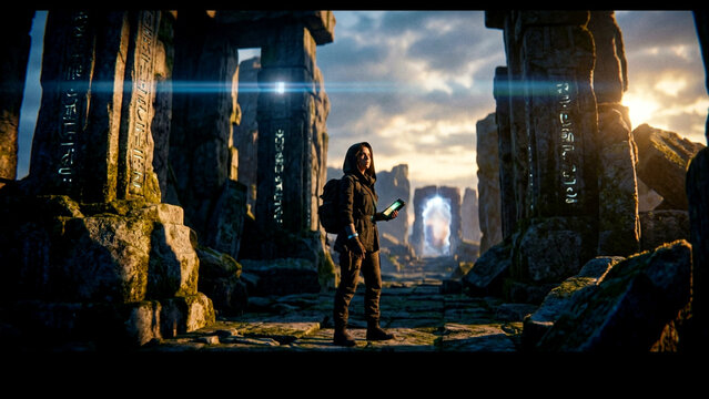 Explorer standing in ancient stone ruins with a glowing portal